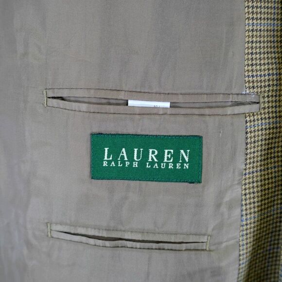 Lauren Ralph Lauren Wool Silk Brown Tan Hounstooth W/ Blue Windowpane 48L SPort - Picture 8 of 12